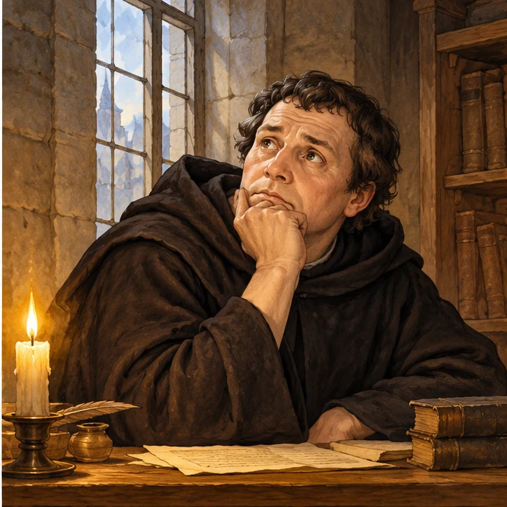 Künstlerische Illustration von Luther, der nachdenklich am Tisch sitzt und schreibt