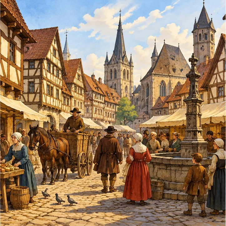 Illustration einer belebten Stadt zur Zeit Luthers: Fachwerkhäuser, Markt und Kirchtürme
